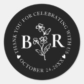 black and white Botanical Custom Monogram ラウンドシール (正面)