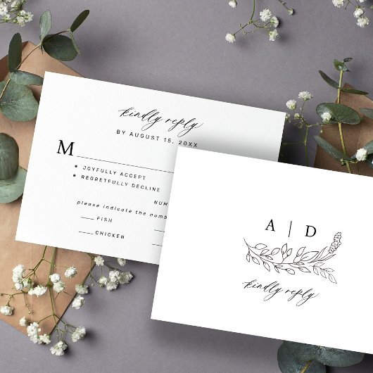Black and white botanical monogram wedding  出欠カード