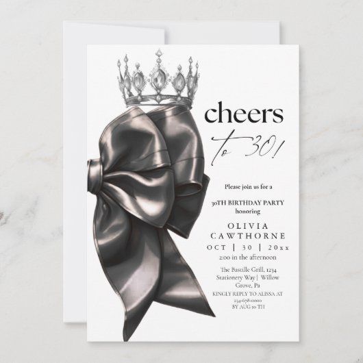 Black and White Bow 30th Birthday Party 招待状 (正面)