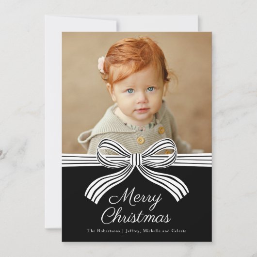 Black and White Bow Flat Christmas Photo Card シーズンカード (正面)