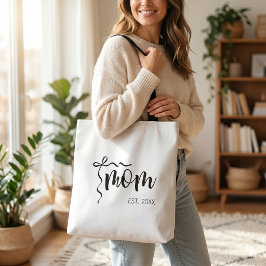 Black and White Bow Script Mom Established Elegant トートバッグ