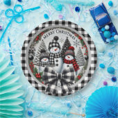 Black And White Buffalo Plaid Snowmen Paper Plate ペーパープレート (パーティー)