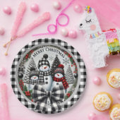 Black And White Buffalo Plaid Snowmen Paper Plate ペーパープレート (パーティー)