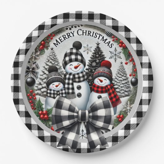 Black And White Buffalo Plaid Snowmen Paper Plate ペーパープレート (正面)