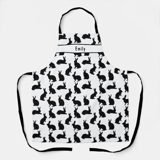 Black And White Bunny Pattern With Custom Name エプロン (正面)