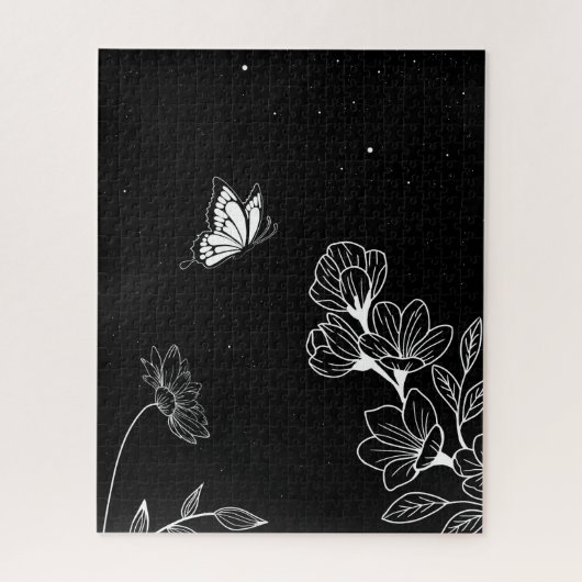 Black and White Butterfly and Flowers at Night Art ジグソーパズル (縦)