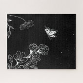 Black and White Butterfly and Flowers at Night Art ジグソーパズル (横)