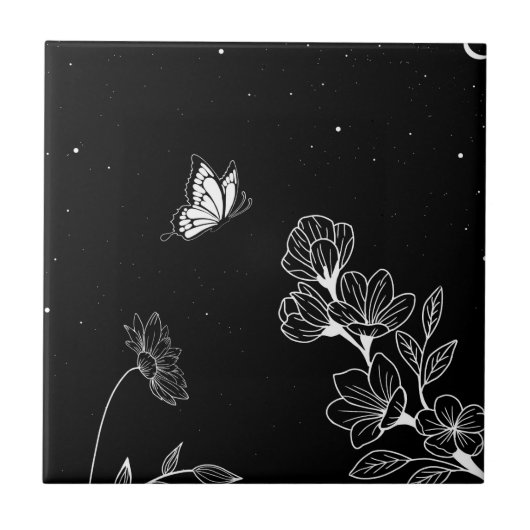 Black and White Butterfly and Flowers at Night Art タイル (正面)