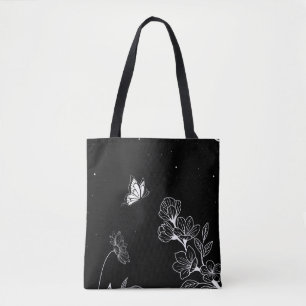 Black and White Butterfly and Flowers at Night Art トートバッグ