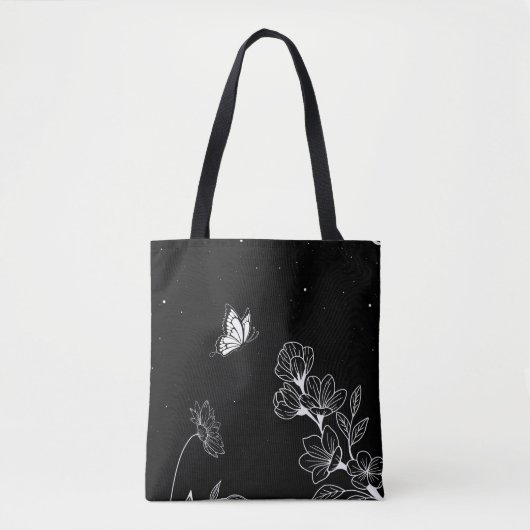 Black and White Butterfly and Flowers at Night Art トートバッグ (正面)