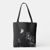 Black and White Butterfly and Flowers at Night Art トートバッグ (裏面)