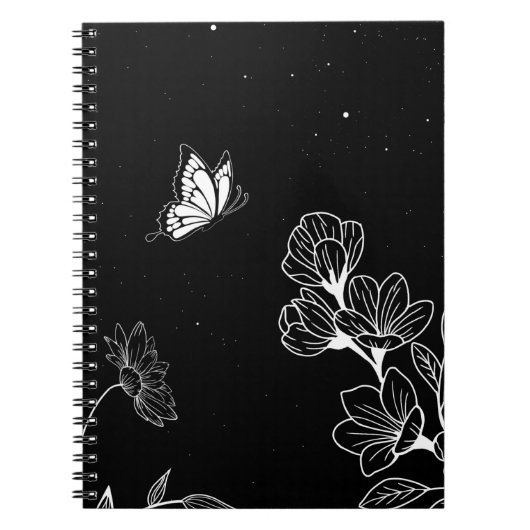 Black and White Butterfly and Flowers at Night Art ノートブック (正面)