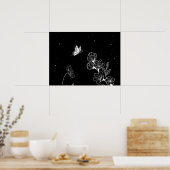 Black and White Butterfly and Flowers at Night Art ポスター (キッチン)