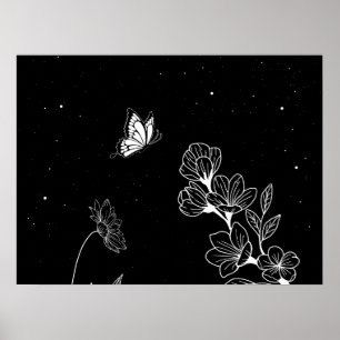 Black and White Butterfly and Flowers at Night Art ポスター