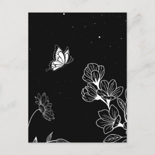 Black and White Butterfly and Flowers at Night Art ポストカード