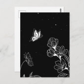 Black and White Butterfly and Flowers at Night Art ポストカード (正面/裏面)