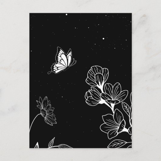Black and White Butterfly and Flowers at Night Art ポストカード (正面)