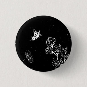 Black and White Butterfly and Flowers at Night Art 缶バッジ