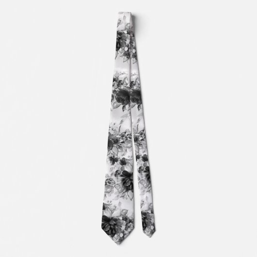 Black And White Cascading Peonies Wedding Neck Tie ネクタイ (正面)