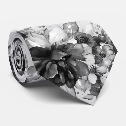 Black And White Cascading Peonies Wedding Neck Tie ネクタイ (ロール)