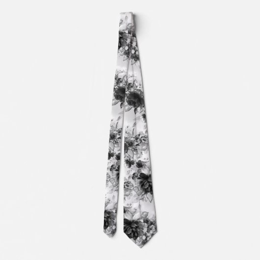 Black And White Cascading Peonies Wedding Neck Tie ネクタイ (裏面)