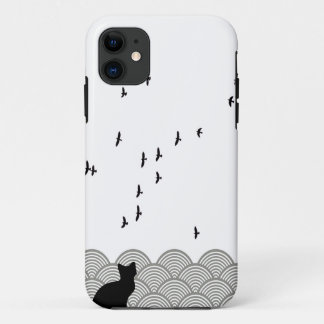 Black and white cat and birds iPhone case iPhone 11 ケース