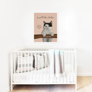 Black and White Cat Digital Painting Nursery Decor ポスター