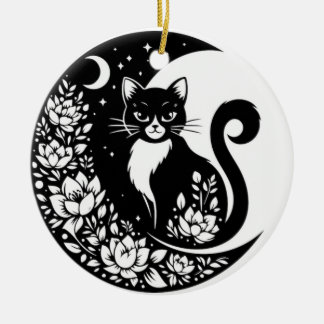 Black and White Cat Moon Window Suncatcher セラミックオーナメント