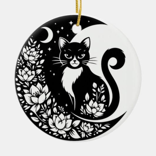 Black and White Cat Moon Window Suncatcher セラミックオーナメント (正面)