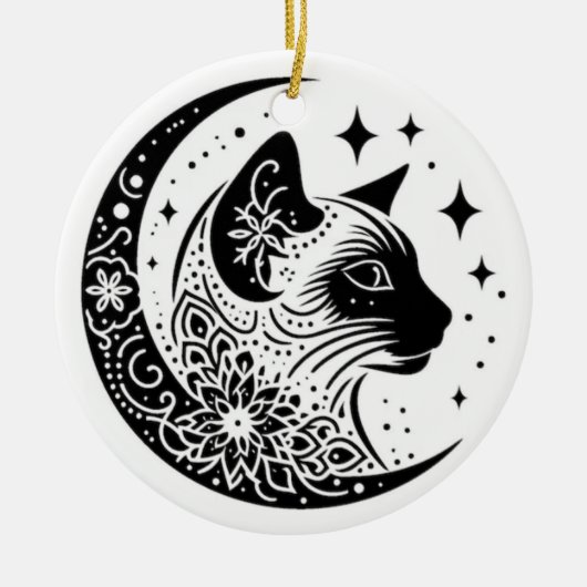 Black and White Cat Moon Window Suncatcher セラミックオーナメント (正面)