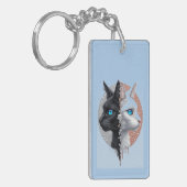 Black and White Cat Split Portrait With Blue Eyes キーホルダー (正面左)