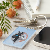 Black and White Cat Split Portrait With Blue Eyes キーホルダー (正面右)