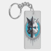 Black and White Cat Split Portrait With Blue Eyes キーホルダー (正面左)