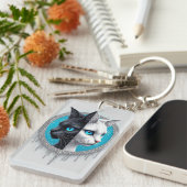 Black and White Cat Split Portrait With Blue Eyes キーホルダー (正面右)