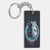 Black and White Cat Split Portrait With Blue Eyes キーホルダー (正面左)