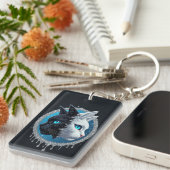 Black and White Cat Split Portrait With Blue Eyes キーホルダー (正面右)