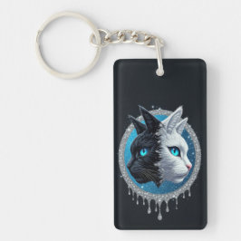 Black and White Cat Split Portrait With Blue Eyes キーホルダー