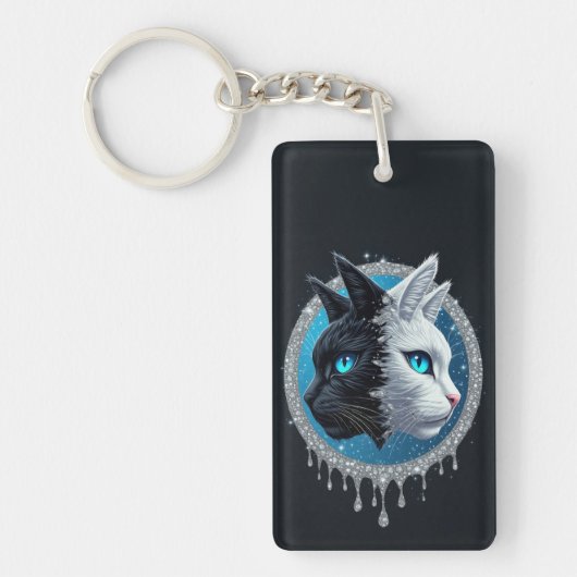 Black and White Cat Split Portrait With Blue Eyes キーホルダー (正面)