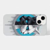 Black and White Cat Split Portrait With Blue Eyes iPhoneケース (裏面横)