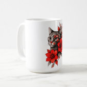 Black and White Cat with Bright Red Blooms コーヒーマグカップ (正面左)