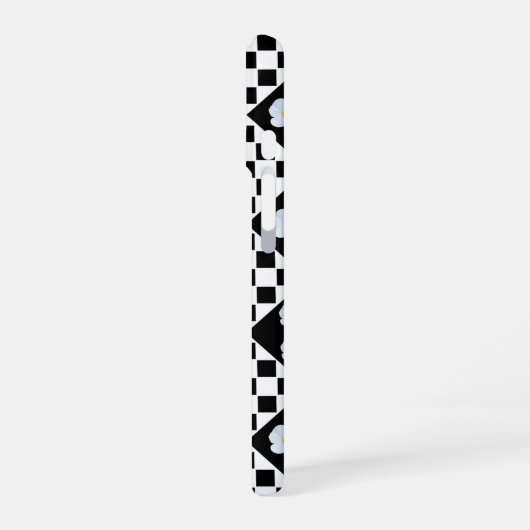 Black and White Checked Pansy Pattern iPhone 16ケース (左側面)