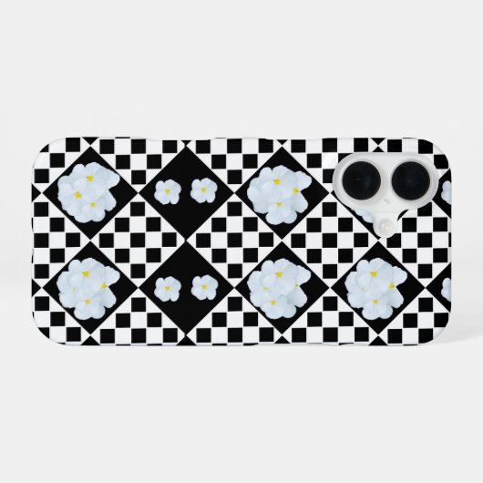 Black and White Checked Pansy Pattern iPhone 16ケース (裏面横)