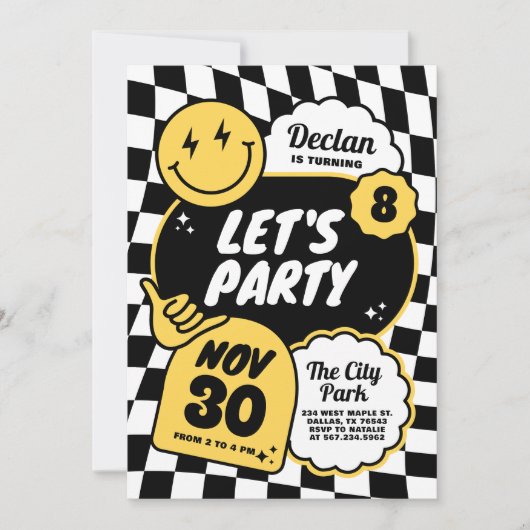 Black and White Checker Retro Smile Boy Birthday 招待状 (正面)
