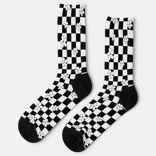 Black and white checkered floral pattern ソックス (左)