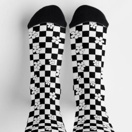 Black and white checkered floral pattern ソックス