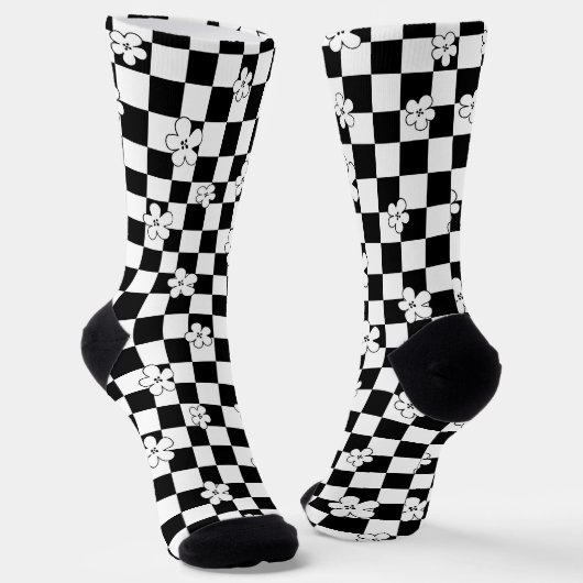 Black and white checkered floral pattern ソックス (傾斜あり)