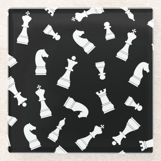 Black and White Chess Piece Pattern ガラスコースター (正面)