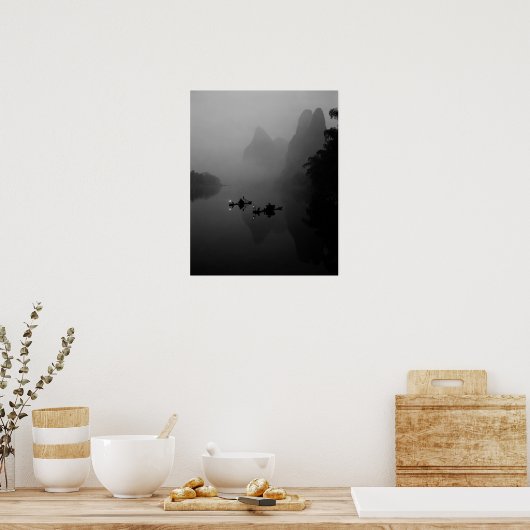 Black and white, China, Li River, Fisherman on ポスター (キッチン)