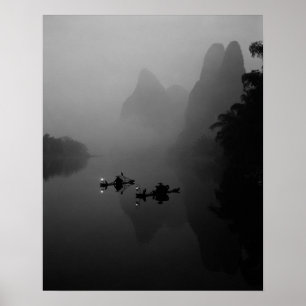 Black and white, China, Li River, Fisherman on ポスター