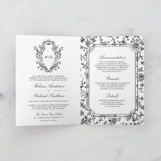 Black and White Chinoiserie Crest QR Code Wedding 招待状 (内部)